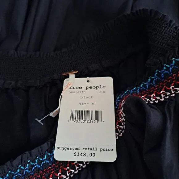 Free People Sunbeam Black Embroidered Off Shoulder Boho Peasant Tunic Dress M - Picture 9 of 9